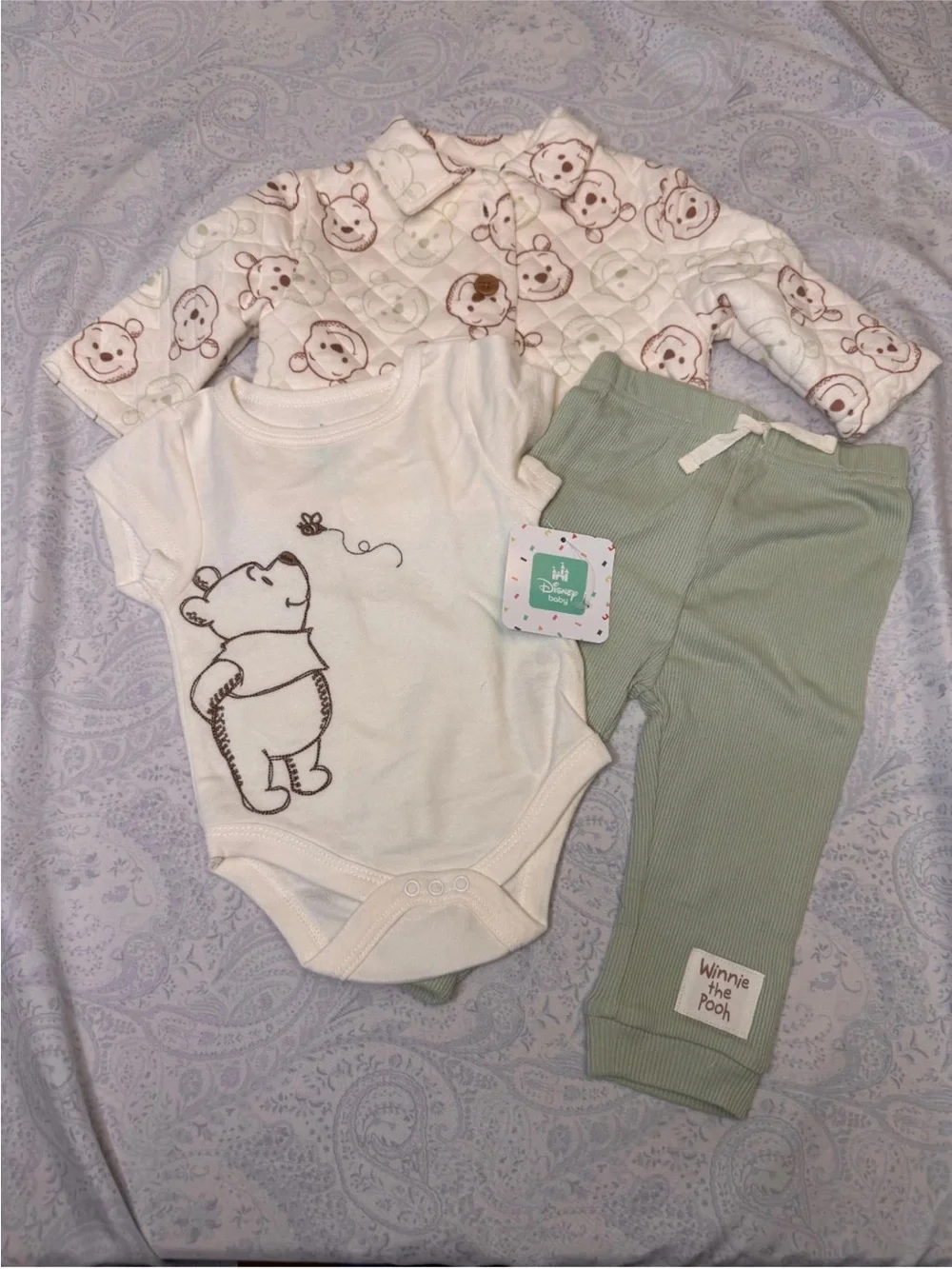 Disney Baby Winnie the Pooh 3 Piece Infant Quilted Jacket, Bodysuit & Pants Set